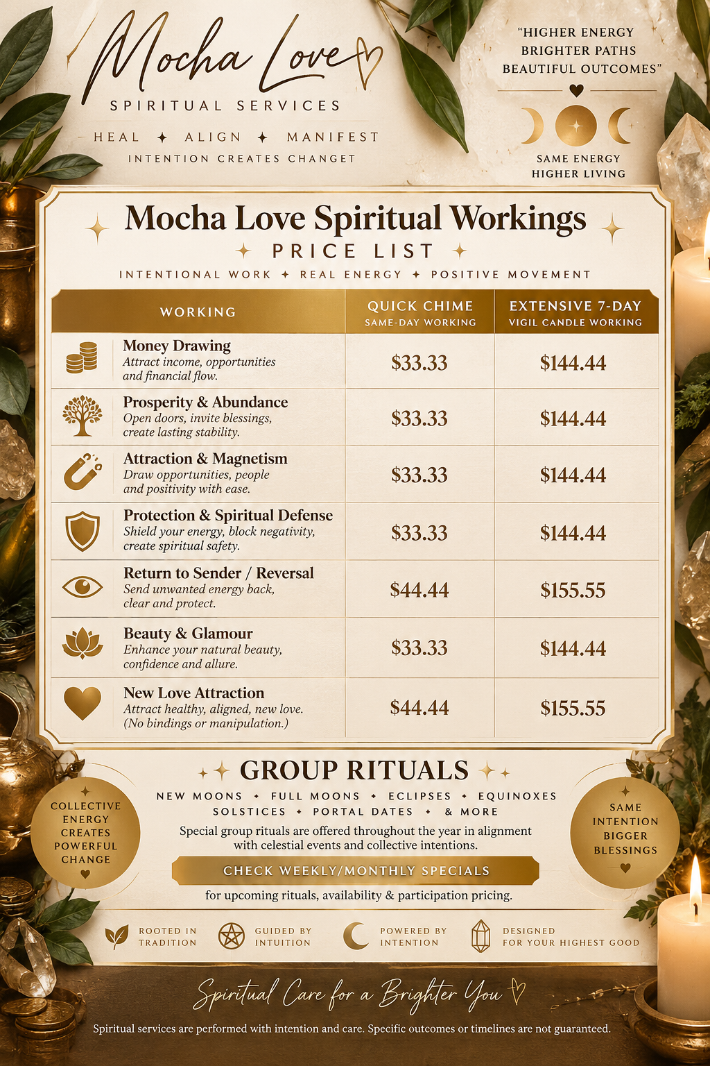 Mocha Love Spiritual Workings price list